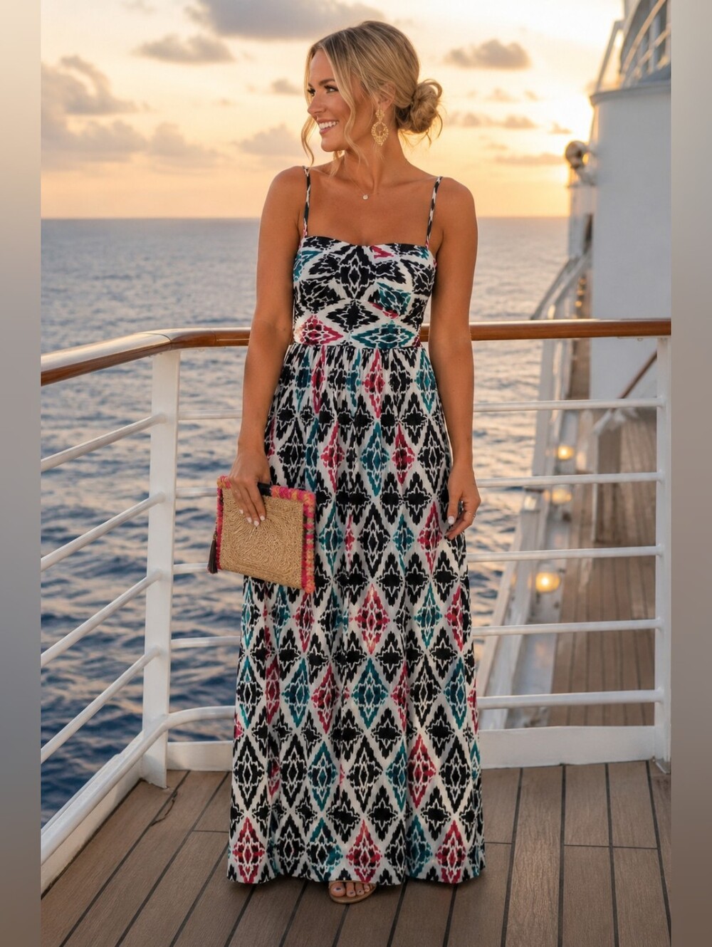 Ann Taylor Slinky Knit Mosaic Print Convertible Maxi Dress Resortwear Women's 2